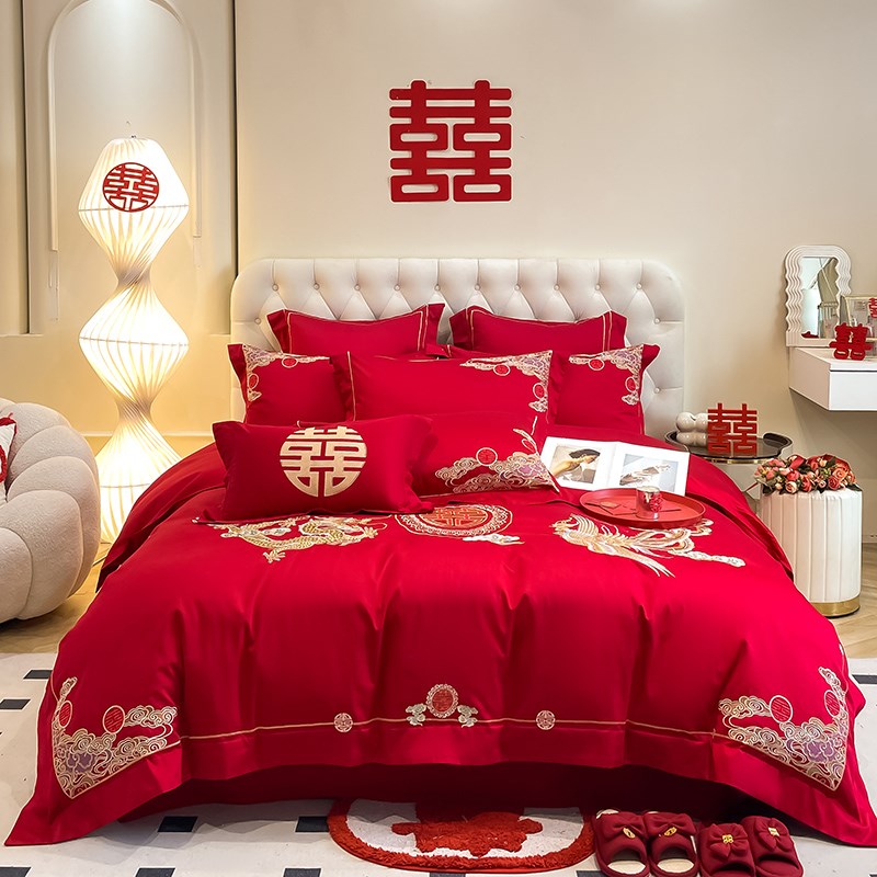 高档奢华婚庆四件套纯棉大红色中式龙凤刺绣被套全棉结婚床上用品