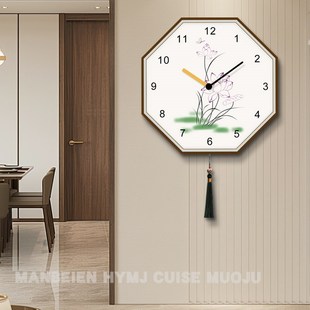 2024新款挂墙中国风新中式客厅挂钟现代八角形时钟挂表钟表免打孔
