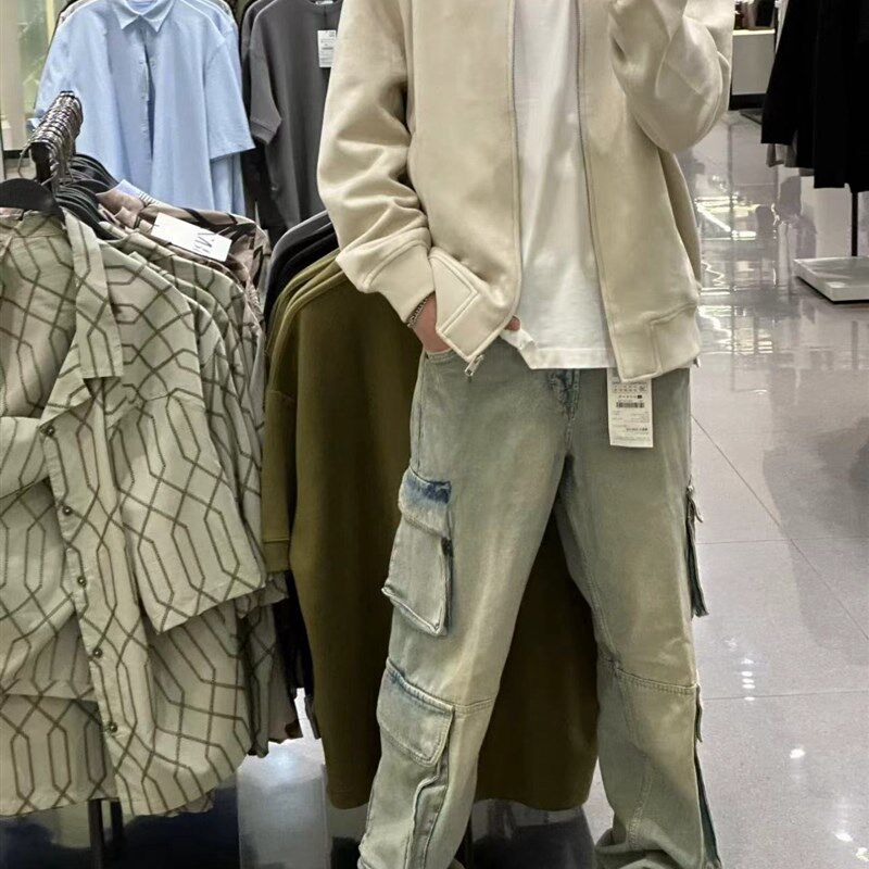 【神裤2.0】24ss 口袋工装水洗重工宽松蒋劲夫阔腿机能牛仔蓝高街