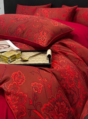 婚庆四件套新婚婚嫁刺绣红色被套床单女方陪嫁喜被床上用品