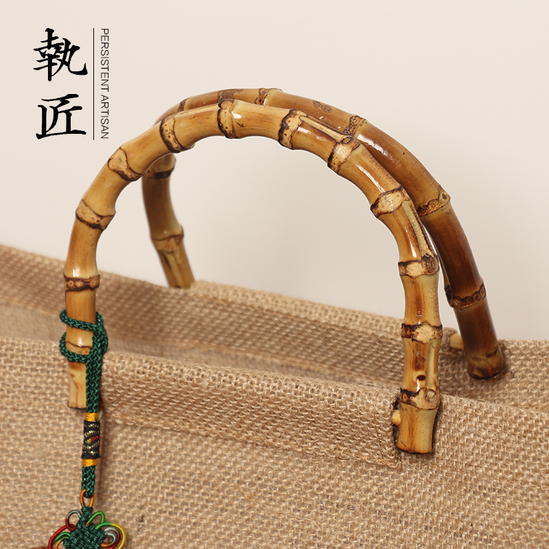 手工竹鞭麻布手提袋亚麻袋环保购物礼品袋整理袋收纳袋大容量可携