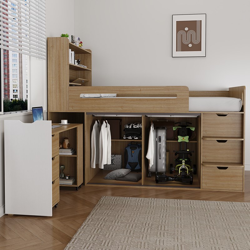 小户型儿童半高床衣柜一体1.5米男孩女孩带护栏床书桌收纳柜1.2m