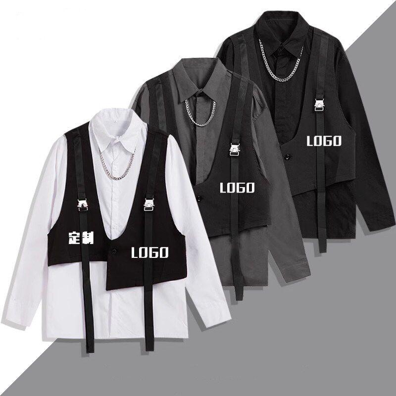 定制logo长袖衬衫男秋冬新款设计感衬衣发型师工作服印字diy套装