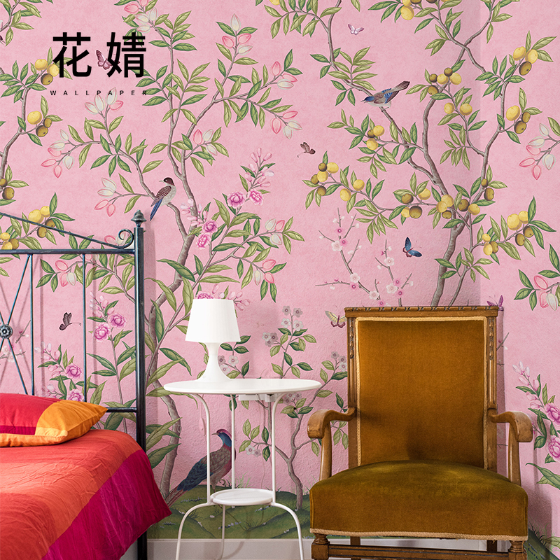 中式花鸟墙纸壁布电视背景墙壁纸客厅卧室美式墙布别墅定制壁画