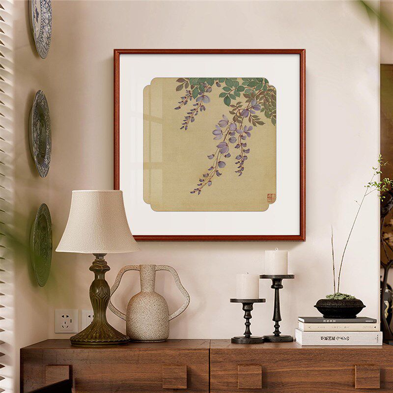 马元驭花卉册f紫藤牡丹花中式客厅玄关装饰画卧室餐厅茶室花鸟挂
