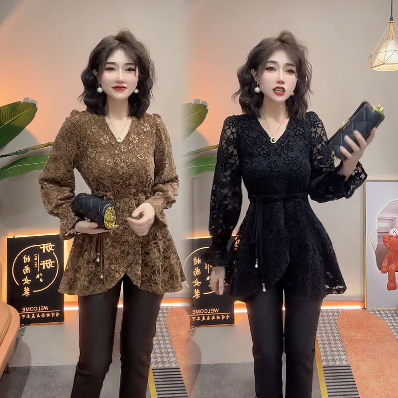 欧货中长款时尚蕾丝衫女2025冬季新款抽绳收腰显瘦洋气V领打底衫