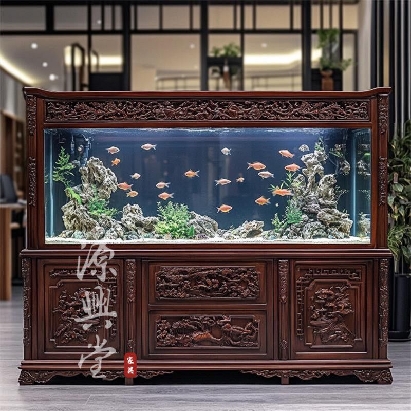 实木大型龙鱼g缸 可订做红木水族箱底柜落地缸 办公室别墅落地鱼