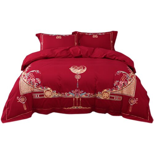 冬季结婚 100支全棉磨毛婚庆四件套绣花中式暖大红色床上用品