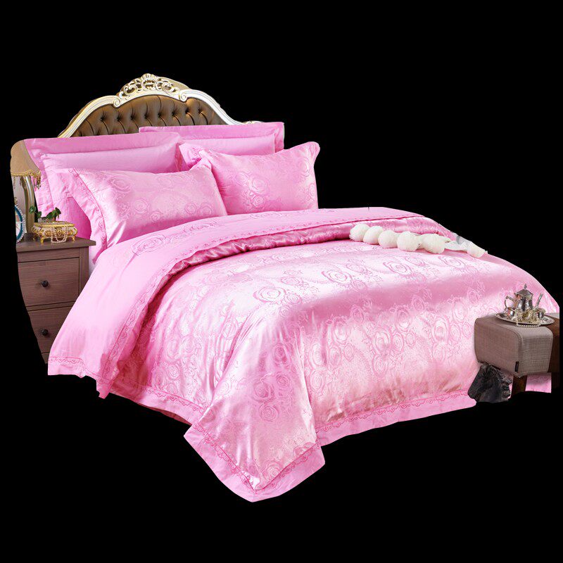 四件套床盖夹棉贡缎提花豪华大红婚庆床品套件1R.8M床加厚绗缝