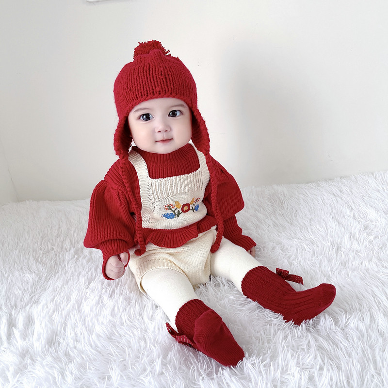 秋冬装婴幼儿灯笼袖女宝宝婴儿红色毛衣木耳边哈衣爬服两件套年服