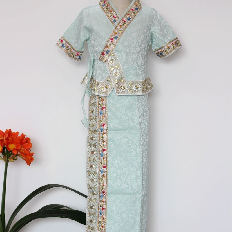 新傣族女儿童套装西双版纳泼水节服饰一片裙绣花边绿蓝粉三色537