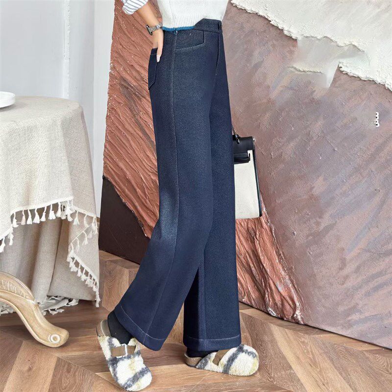 牛仔直筒裤女宽松直筒2024冬季新款松紧腰显瘦加绒加厚九分阔腿裤