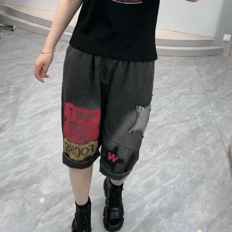 夏季字母贴布刺绣牛仔五分裤女宽松印花毛边束脚薄款五分中裤马裤