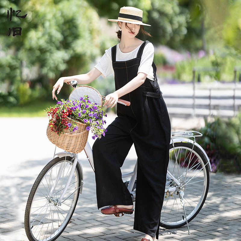 【那年初夏】夏季亚m麻白色T恤女设计感黑色背带裤撞色显瘦侧开叉