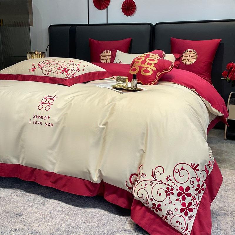 高级感160支长绒棉结婚四件套红色婚庆被套纯棉床单喜被床上用品4