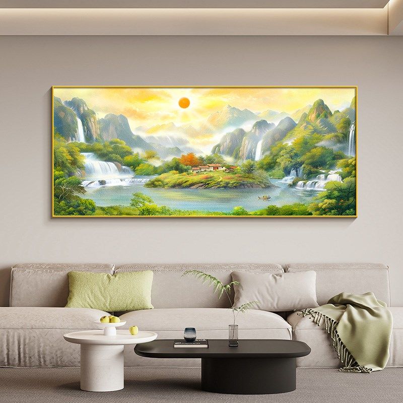 流水生财风景画客厅东墙沙发背景装饰画办公室旭日东升大气靠山图,家居饰品,现代装饰画,淘宝优惠券,粉丝福利购,淘宝优惠卷