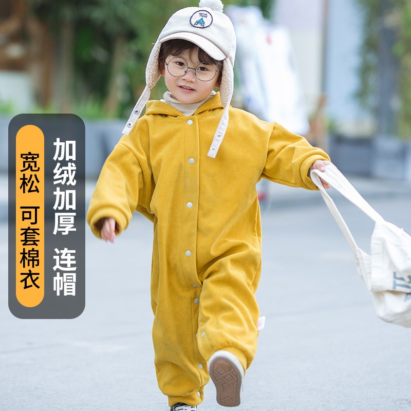 宝宝连体罩衣外罩秋冬加绒防脏男宝婴儿外穿洋气女全身儿童爬爬服