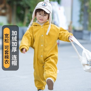 宝宝连体罩衣外罩秋冬加绒防脏男宝婴儿外穿洋气女全身儿童爬爬服