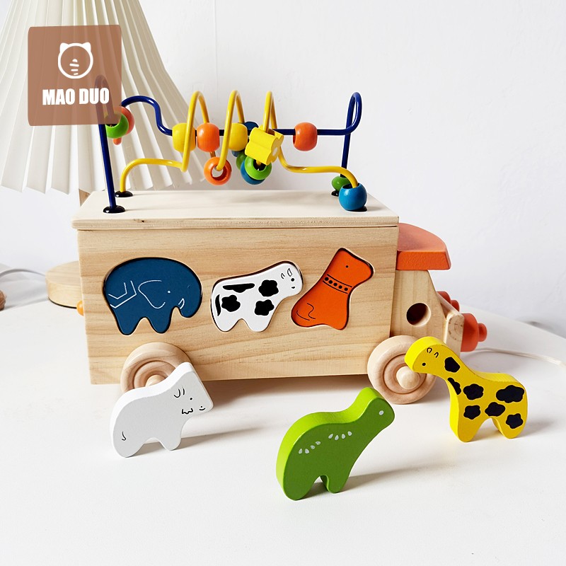 扣洞儿童公程车婴幼儿气车玩具 男孩多功能动物形状认知配对饶珠