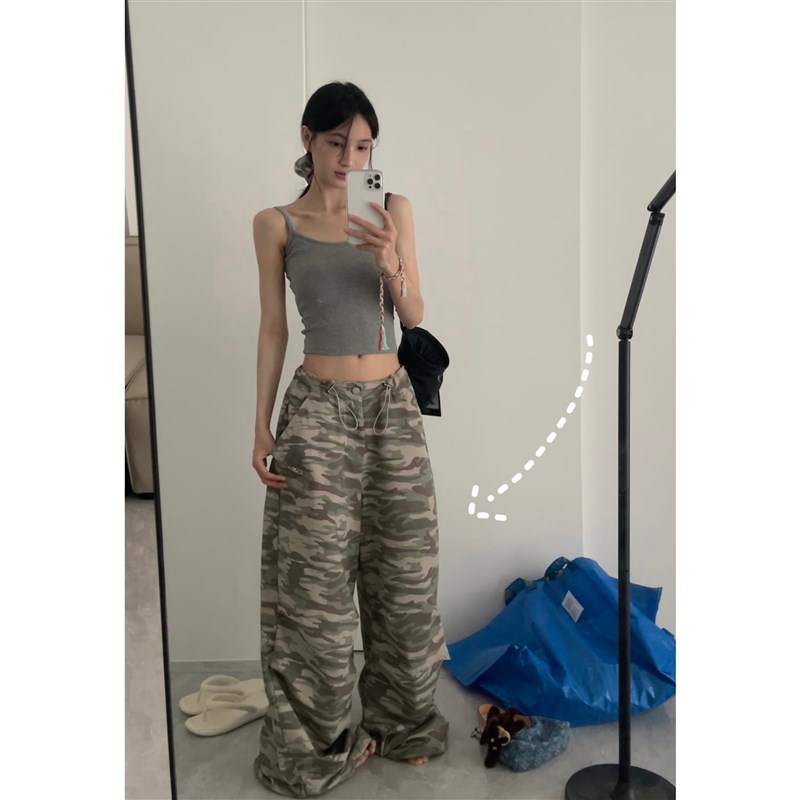 魚叁 美式夏季珠帆n迷彩抽绳长裤宽松工装阔腿拖地裤百搭迷彩男女