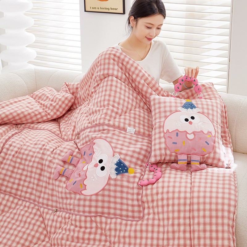 儿童卡通全棉色织手提抱枕被子两用午休被办公室车上午休纯棉靠垫