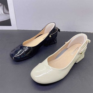 上班单鞋 撤柜头层牛漆皮久粗跟高跟鞋 百搭通勤鞋 新款 女2024年春季