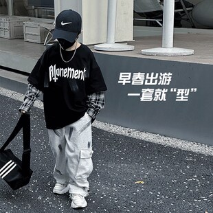 男童套装春秋款2024新款帅气时髦儿童秋季假两件T恤长.裤两件套潮