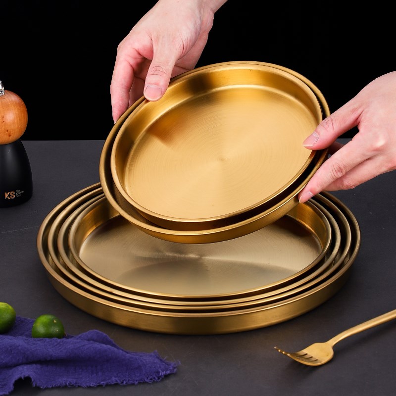 韩式不锈钢盘子金色圆盘商用平底托盘酒店餐厅餐具凉皮锣锣肠粉盘