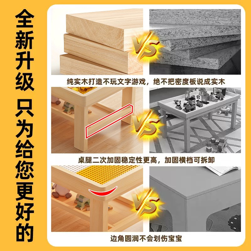 实木积木桌子儿童益智玩具男女孩积木拼装桌子多功能大颗粒学习桌
