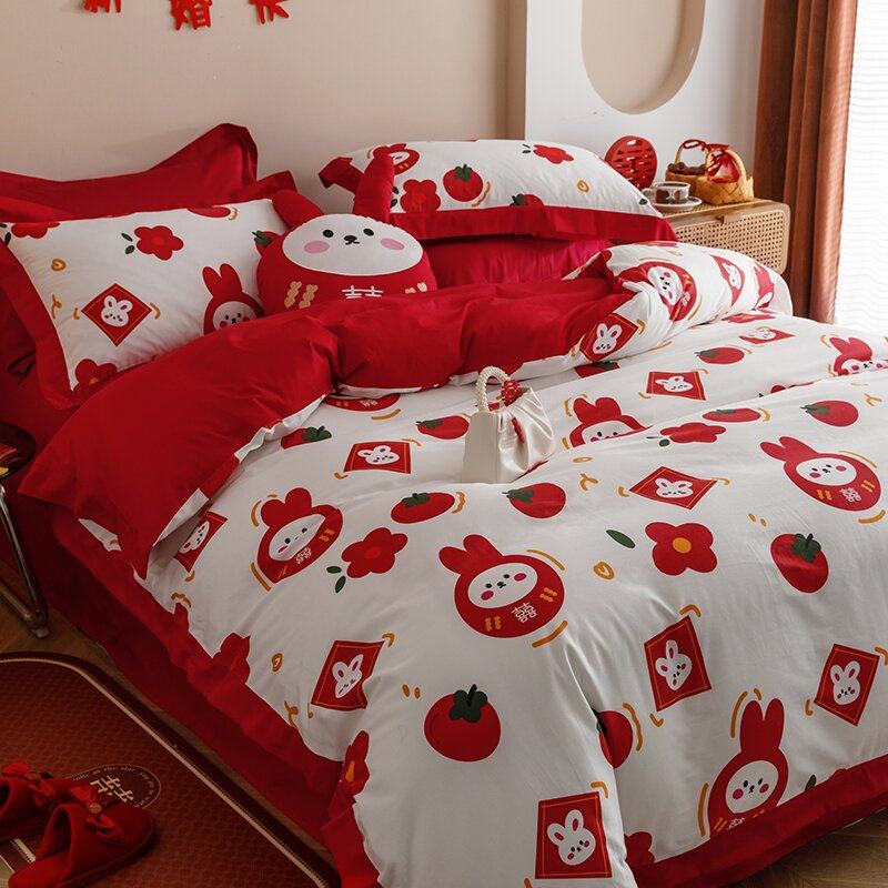 60支长绒棉结婚四件套大红色婚嫁纯G棉床单结婚全棉简约床上用品