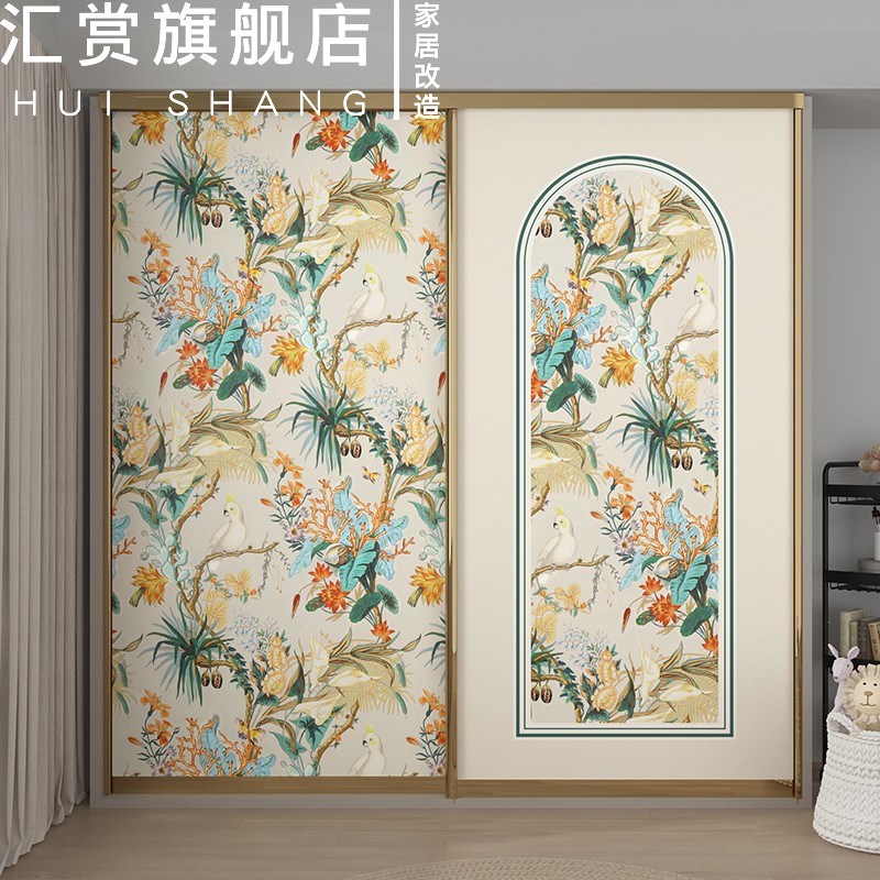 衣柜贴纸自粘卧室装饰美式墙纸推拉D门贴画玻璃移门翻新柜子壁纸图片