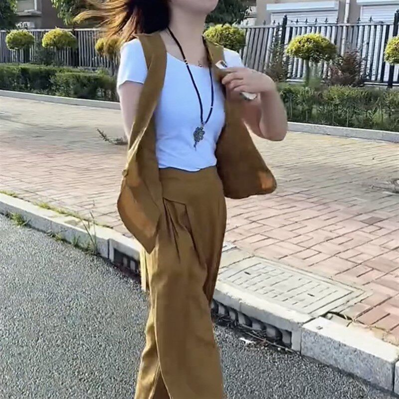 休闲气质无袖马甲套装女2025夏季新款高级感时尚显瘦阔腿裤三件套