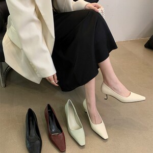气质淡淡绿色方头软皮浅口单鞋女2024春季新款高跟鞋