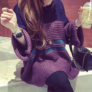 韩国秋冬加厚粗毛线慵q懒毛衣女套头宽松外穿中长款喇叭袖镂空罩