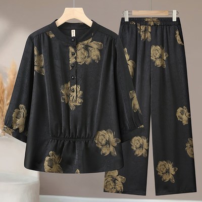 2025夏季新款套装时尚气质印花提花香云纱两件套装阔腿裤女妈妈装