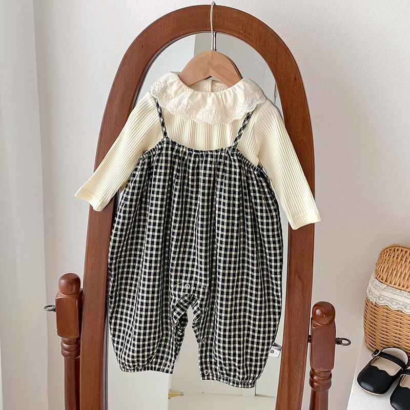 婴儿春装格子两件套女宝宝秋季韩版套装洋气时髦外出背带裤连体衣