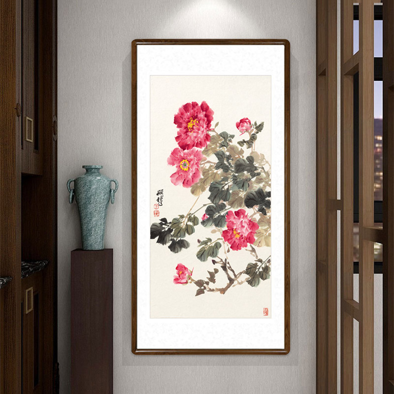 国画牡丹画花开富贵字画客厅入户玄关装饰画过道竖版壁画书房挂画