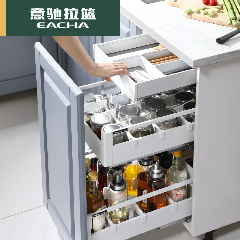 意驰 调味料拉篮304不锈钢抽屉式厨房橱柜置物架三层工具调味篮