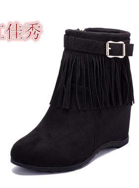 秋冬季新款高跟短l靴流苏女靴短筒马丁靴内增高英伦风女式靴子皮