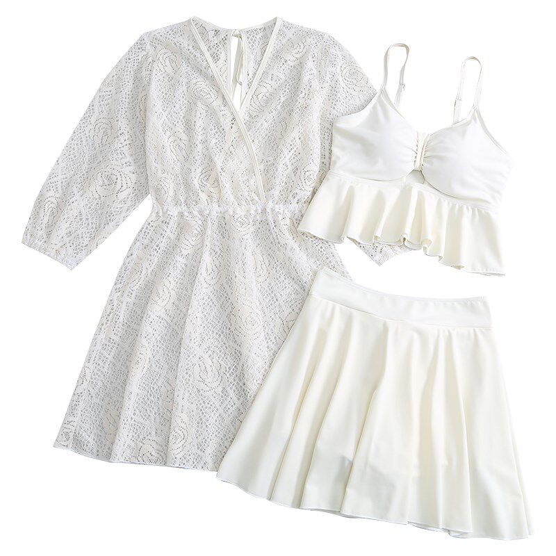 泳衣女款夏分体三件套蕾丝显瘦遮肚保守大码胖mm高级感泡温泉泳装