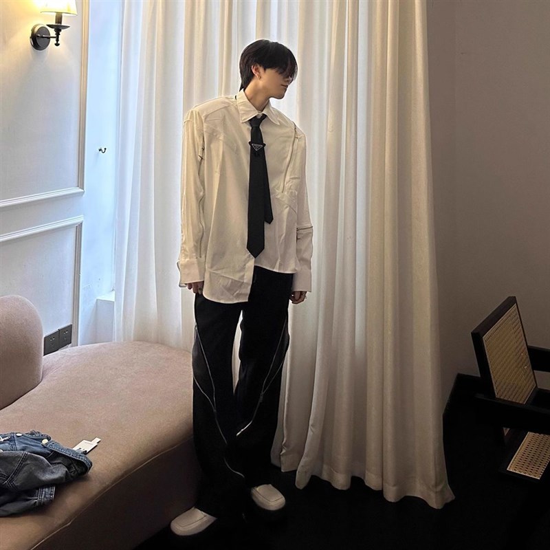 美式小众不规则设计感衬衫男长袖韩版金属拉链开衫宽松白色衬衫潮