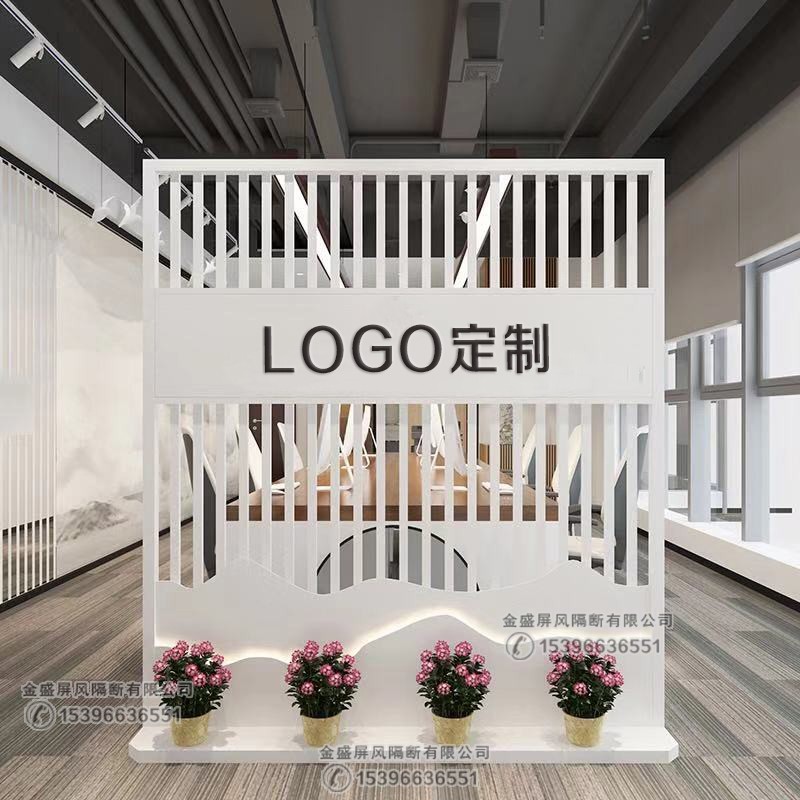 简约LOGO铁艺屏风隔断办公室入户企业形象墙玄关进门座屏落地移动