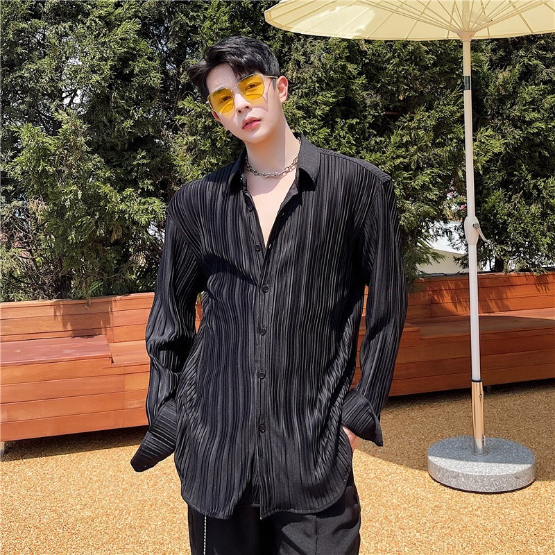 春夏很仙的衬衫男长袖宽松韩x版个性时尚压皱设计感网红坠垂感衬