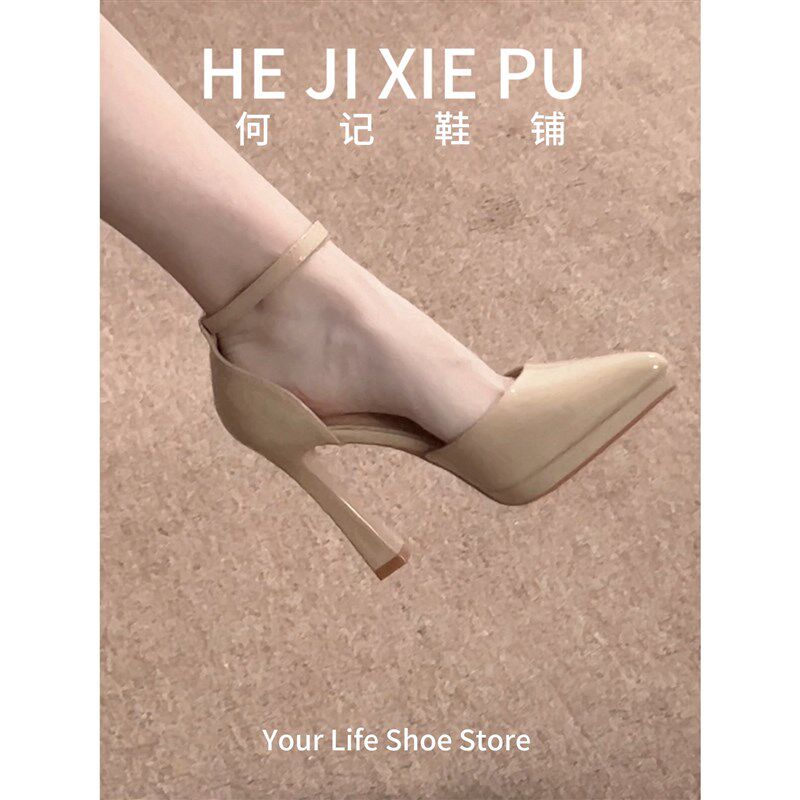 新款法式尖头粗跟中空一字带通y勤高跟鞋气质百搭裸色防水台凉鞋