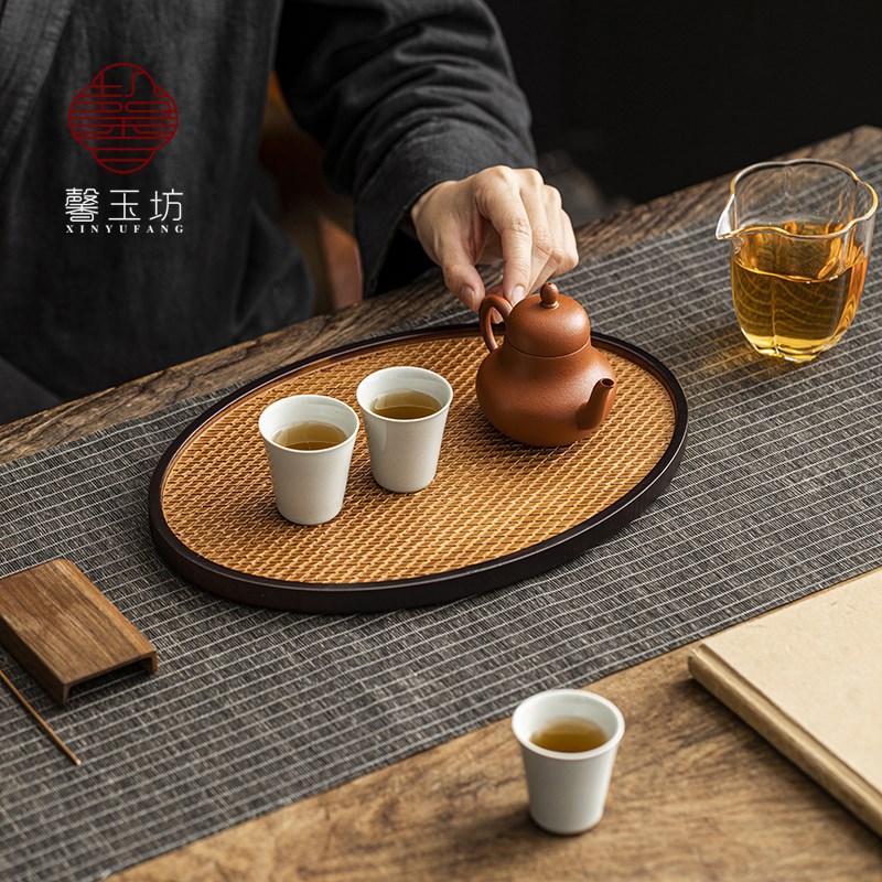 重竹仿席纹干泡茶盘椭圆形托盘一壶两杯茶托壶承茶奉功夫茶具茶台
