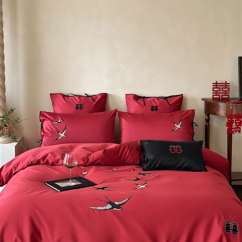 新婚燕尔中式婚庆100S长绒棉全棉四件套喜字刺绣纯棉被套红色床品