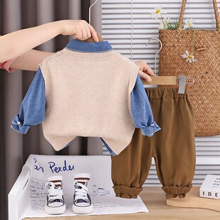 男童秋装2025新款洋气时髦儿童套装婴儿宝宝帅气毛衣马甲三件套潮