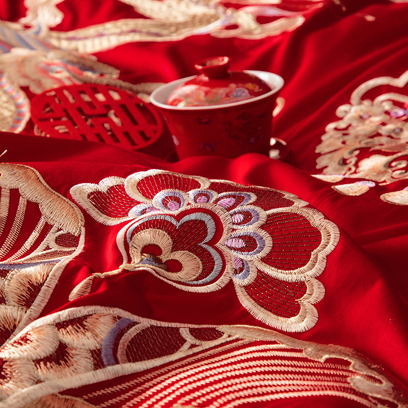 高档中式婚礼100支纯棉婚庆四件套 大红绣花全棉结婚床上用品龙凤