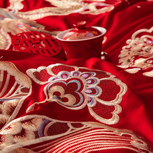 高档中式婚礼100支纯棉婚庆四件套 大红绣花全棉结婚床上用品龙凤