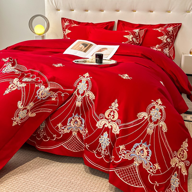 高档婚庆大红色四件套全棉纯棉床单欧式刺绣被套喜被结婚床上用品